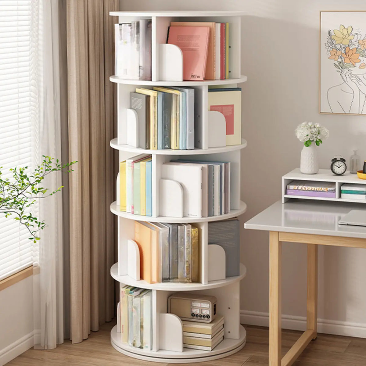 Brown Cylindrical Wooden Rotating Open-Back Bookcase