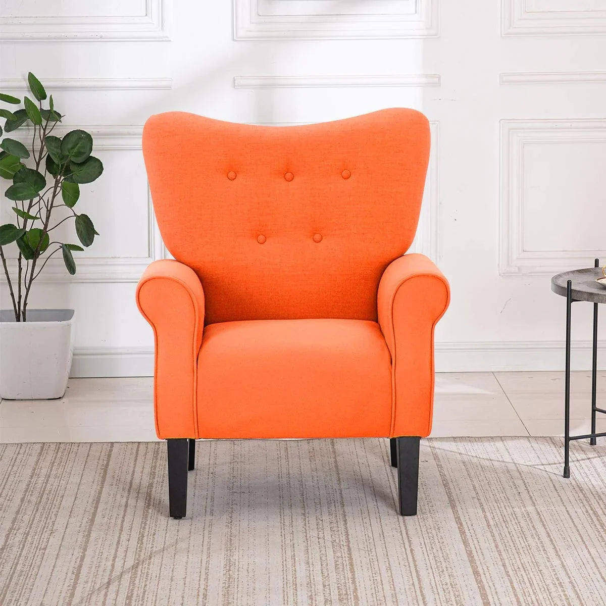 Erommy Modern Accent Chair, High Back Armchair, Upholstered Fabric Button Single Sofa with Wooden Legs for Living Room