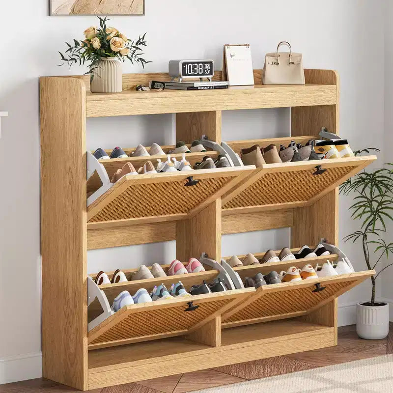 Shoe Storage Cabinet with 4 Flip Drawers, Wood Shoe Cabinet with Rattan Doors and Adjustable Shelves- Freestanding Shoe Organizer