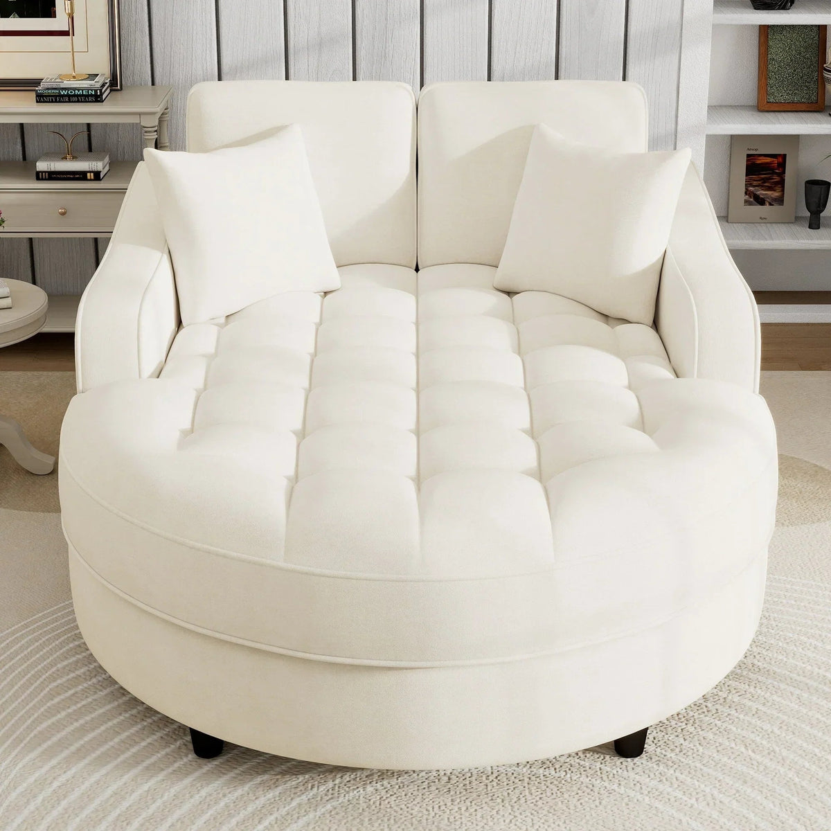 Chenille Chaise Lounge Sofa Bed, Upholstered Sofa Couch with Tufted Backrest and 2 Detachable Pillows for Living Room