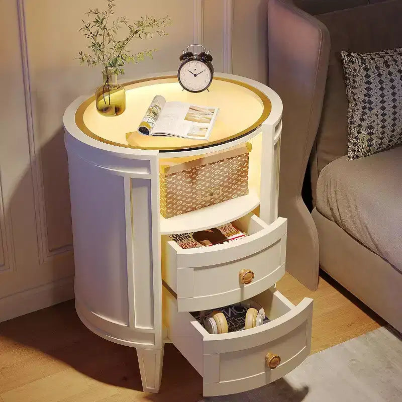 Lantine Set of 2 Modern Ivory White Nightstands with LED Glass Tabletop, 2 Drawers, No Assembly Required, Oval Bedroom Bedside Tables