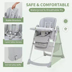 Foldable High Chair for Babies&Toddlers,PU Leather Highchair with Adjustable Backrest,Seat Height,Removable Tray,5-Point Safety Harness&Locking Wheels