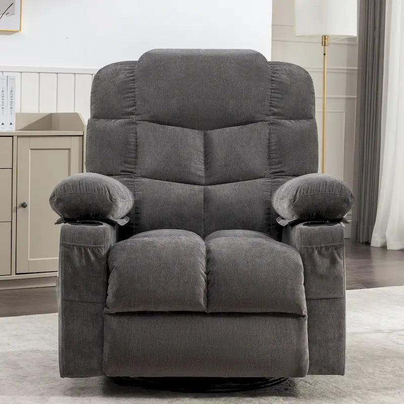Grey Oversized Recliner with Heat and Massage, 150 Recline, 30 Rocking, USB Charging, and 2 Cup Holders