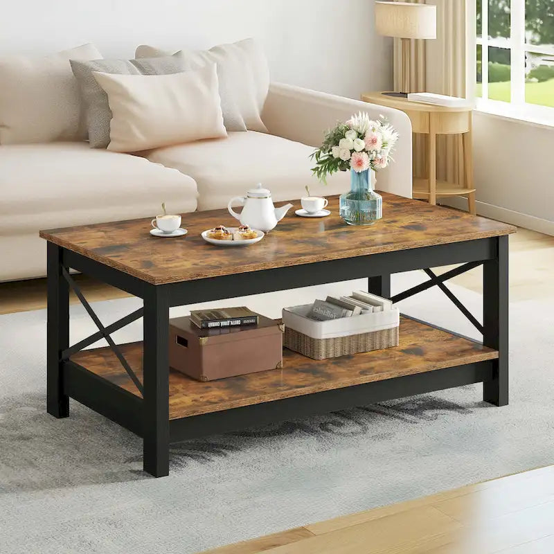 Farmhouse Wood Accent Coffee Table with Large Storage Shelf