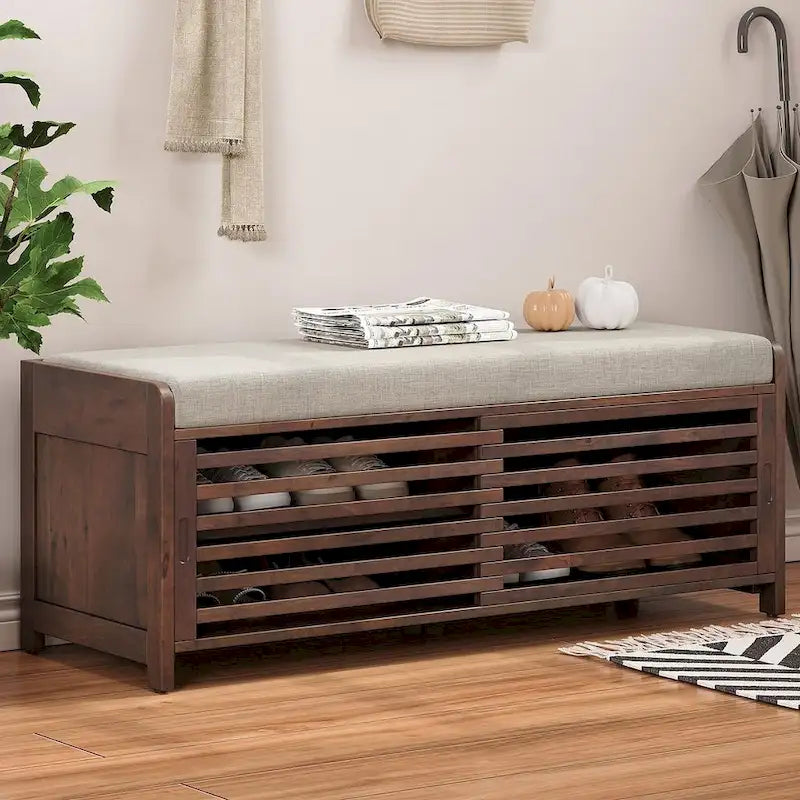 43.30 Solid Wood Storage Bench with Contemporary Distressed Blinds