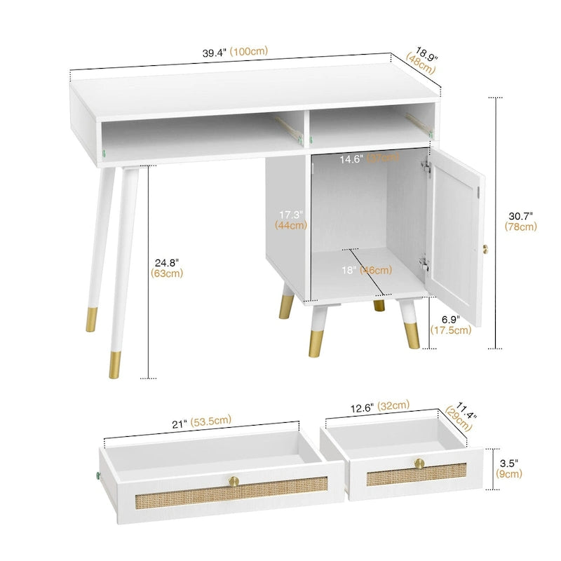 Computer Desk with 2 Drawers Modern Rattan Home Office Desk with File Cabinet