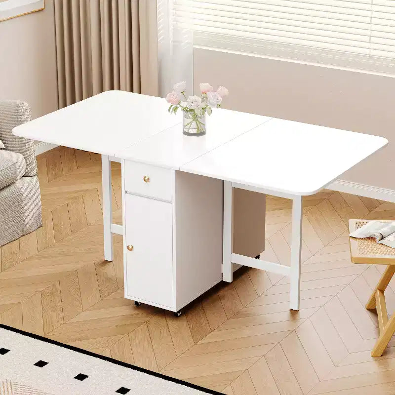 ATJafurn 59 Foldable Dining Table with Drop Leaves for Small Space, Rectangular Wooden Extendable kitchen Table with Wheels and Storage