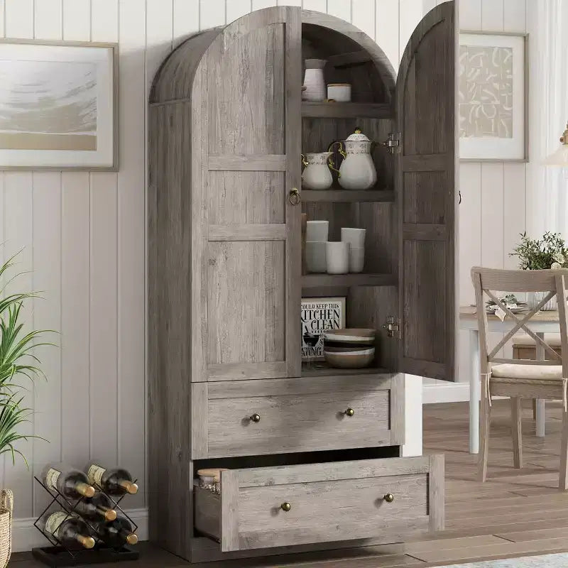 71 High Arched Bookcase, Wooden Arched Bookshelf With Doors and Drawers, Large Arched Display Bookcase With Storage, Suitable for Office Living Room