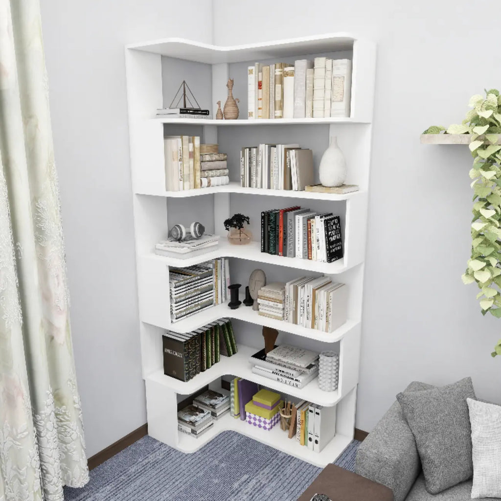 Manufactured Wood Corner Bookshelf with 6 Shelves