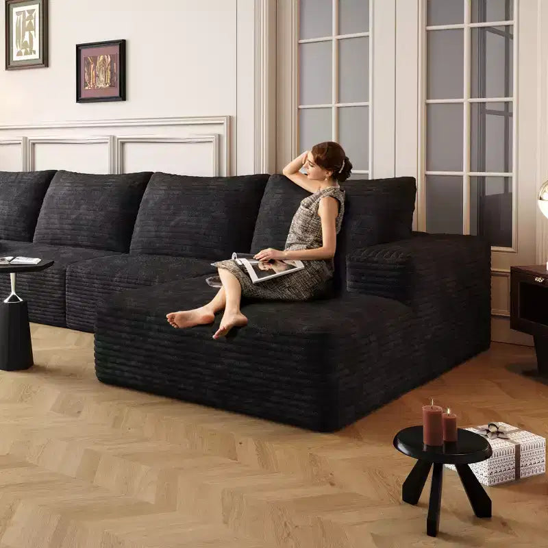 107 Inch Plush Corduroy Fabric Black Cloud Sectional Couch with L-Shape Chaise Modern Modular Sofa with Deep Seat for Living Room Apartment