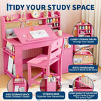 Kids Study Desk & Chair Set with Storage, Kids Study Desk with Hutch and Tiltable, Wooden Children Table with Storage Cabinet for 3-8 Years Old