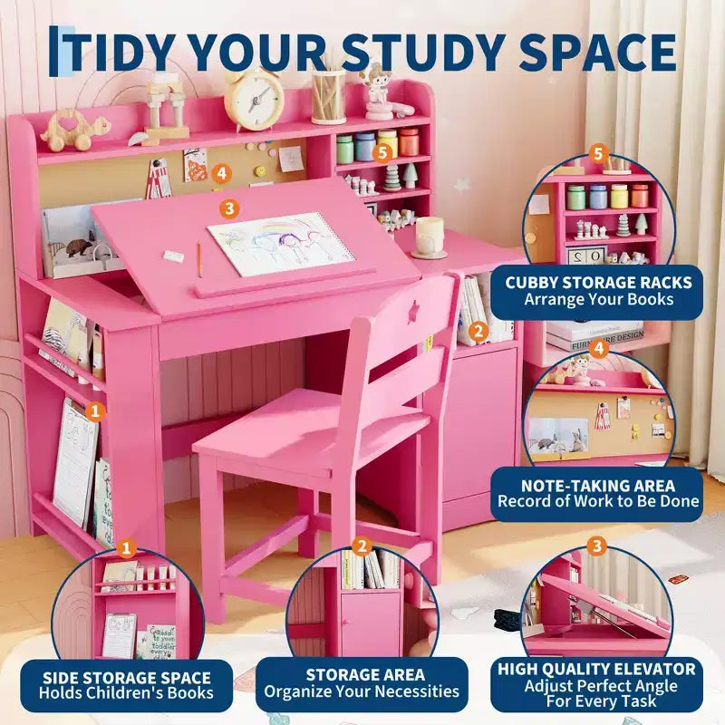 Kids Study Desk & Chair Set with Storage, Kids Study Desk with Hutch and Tiltable, Wooden Children Table with Storage Cabinet for 3-8 Years Old