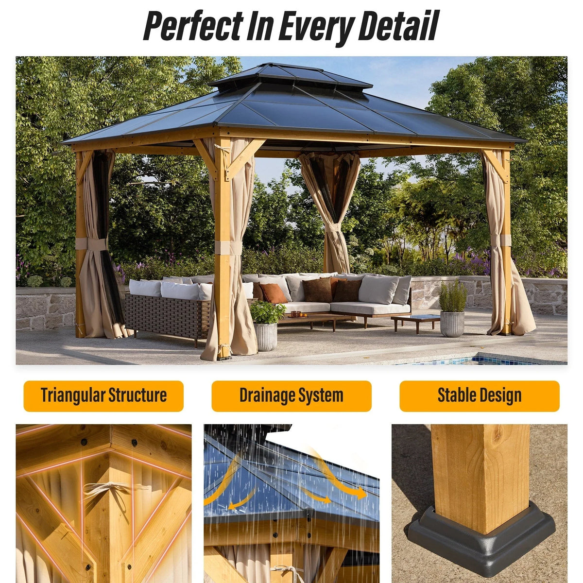 EROMMY Hardtop Gazebo,Outdoor Pergola with Double Roof & Netting & Curtains,Heavy Duty Canopy for Patio, Backyard, Pool party