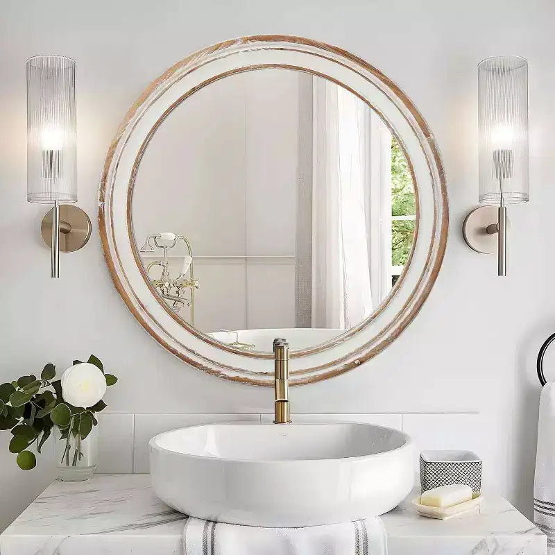 MAYEERTY 24 inches Wooden Farmhouse Round Wall Mirror for Bathroom Vanity Bedroom Living Room Kitchen Office