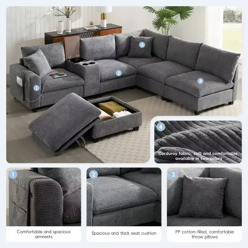 Clihome 140 Oversized Modular Sectional Sofa with Movable Storage Ottoman,Cup Holder,Wide Seat,USB Charger,6 Seat U Shaped Corduroy Couch