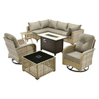 OVIOS 9 Pieces Outdoor Wicker Swivel Chair Set With Fire Table