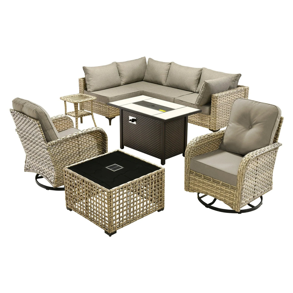 OVIOS 9 Pieces Outdoor Wicker Swivel Chair Set With Fire Table