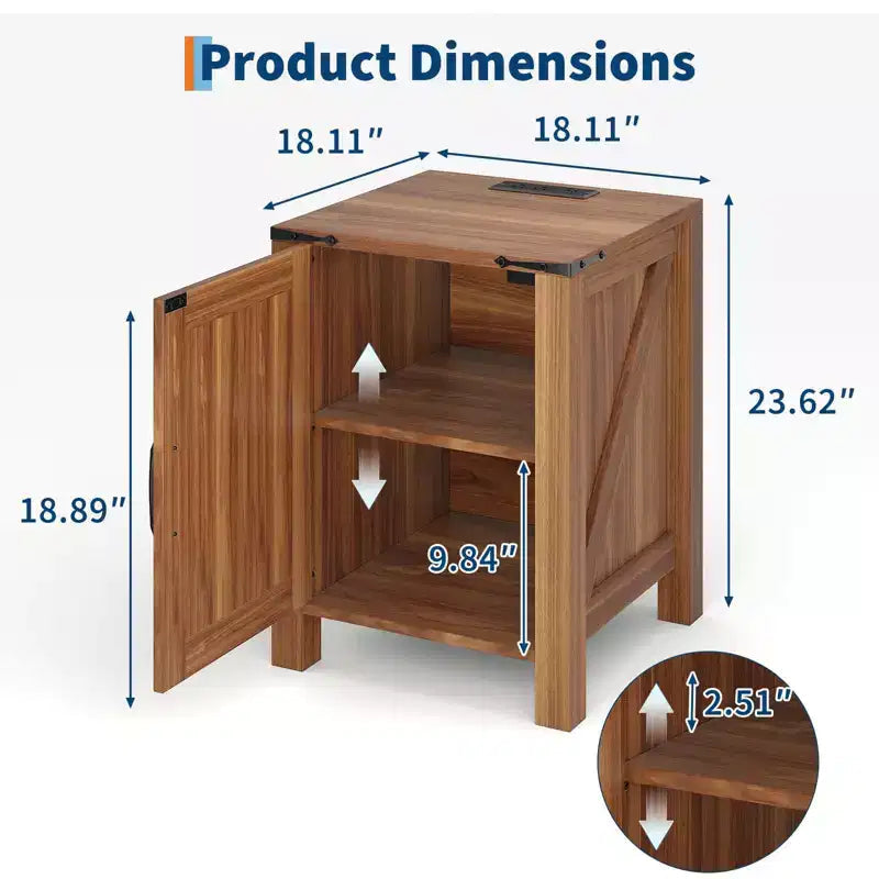 2Pcs Farmhouse Nightstand with Charging Station, Rustic Barn Door Bedside Table with Adjustable Shelf, Small End Table for Bedroom and Living Room