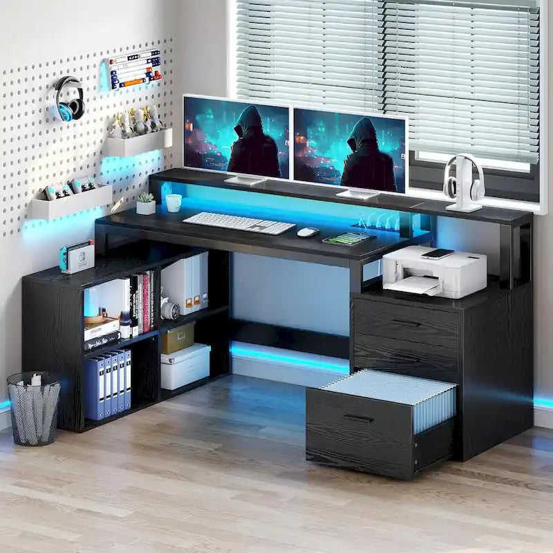 65 L-Shaped Corner Desk with RGB LED, Monitor Stand & Storage Cabinet â€?1-Person | White / Oak / Charcoal Grey / Black