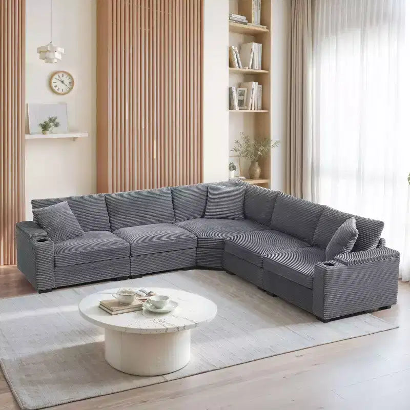 106 Convertible L Shaped Sectional Sofa Corduroy Corner Couch with Armrest Storage Cup Holders USB Charger Oversized Comfy Modular Sofa