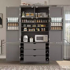 Tall Kitchen Pantry Cabinet with Power Outlets, Large Freestanding Cupboard with Microwave Stand, Drawers, Shelves, Wine Racks & Door-Shelf