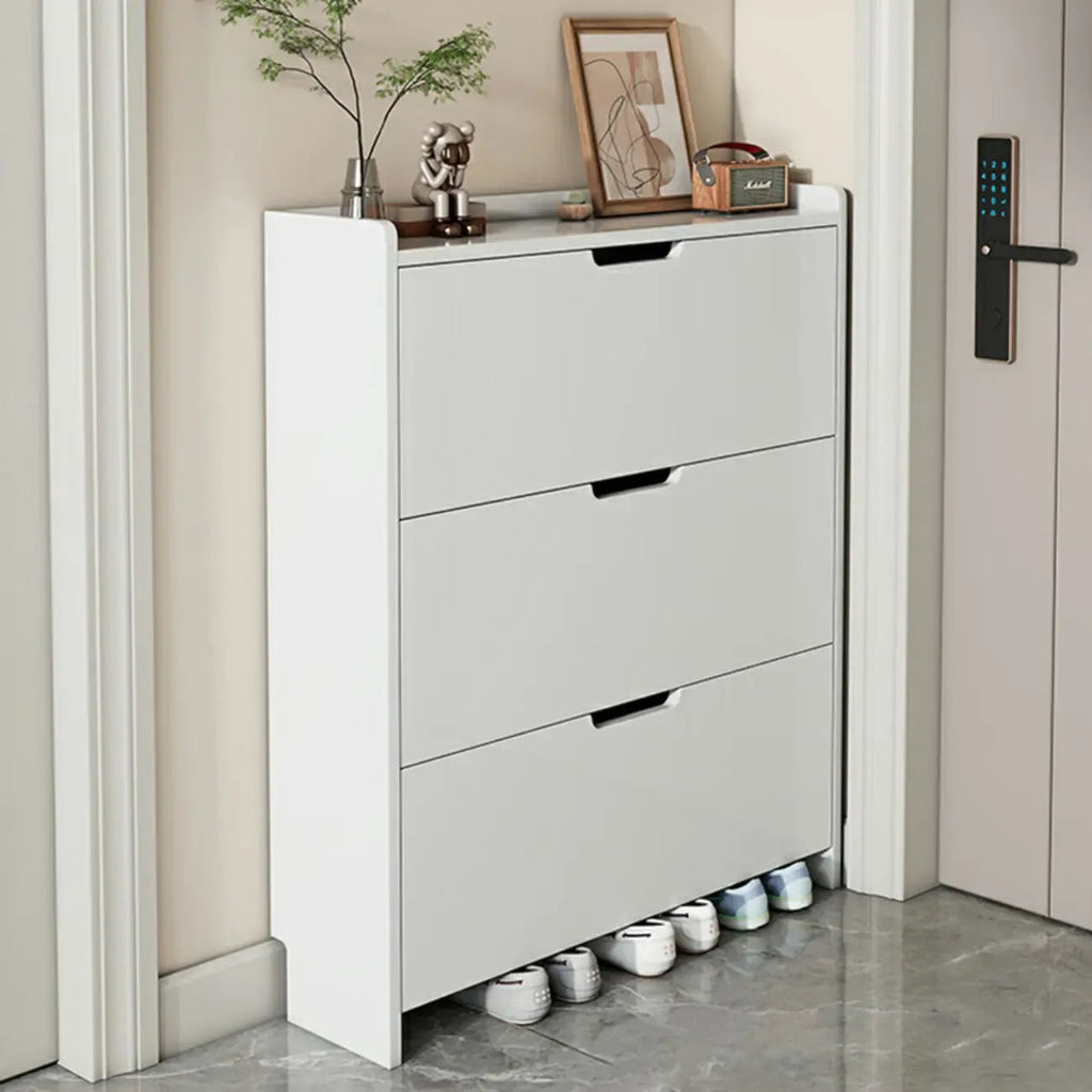 3-Tier White Wood Shoe Cabinet with Drop Front