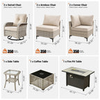 OVIOS 9 Pieces Outdoor Wicker Swivel Chair Set With Fire Table