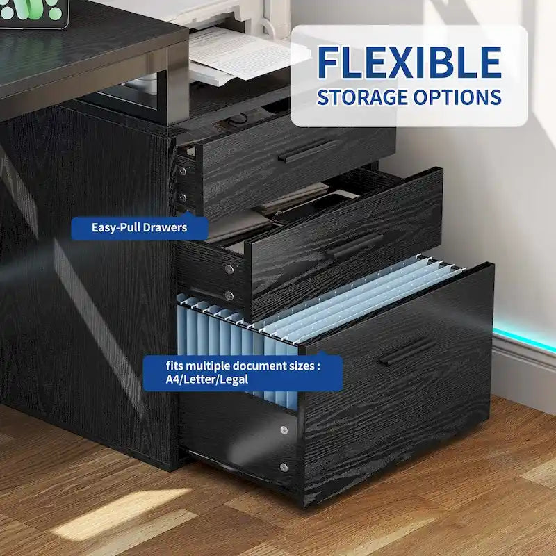 65 L-Shaped Corner Desk with RGB LED, Monitor Stand & Storage Cabinet â€?1-Person | White / Oak / Charcoal Grey / Black