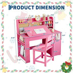 Kids Study Desk & Chair Set with Storage, Kids Study Desk with Hutch and Tiltable, Wooden Children Table with Storage Cabinet for 3-8 Years Old