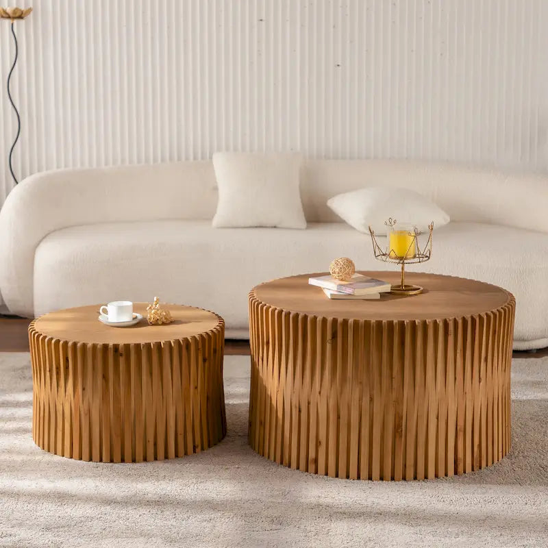 Cylindrical Nesting Coffee Table with Vertical Textured Embossed Design (Set of 2)