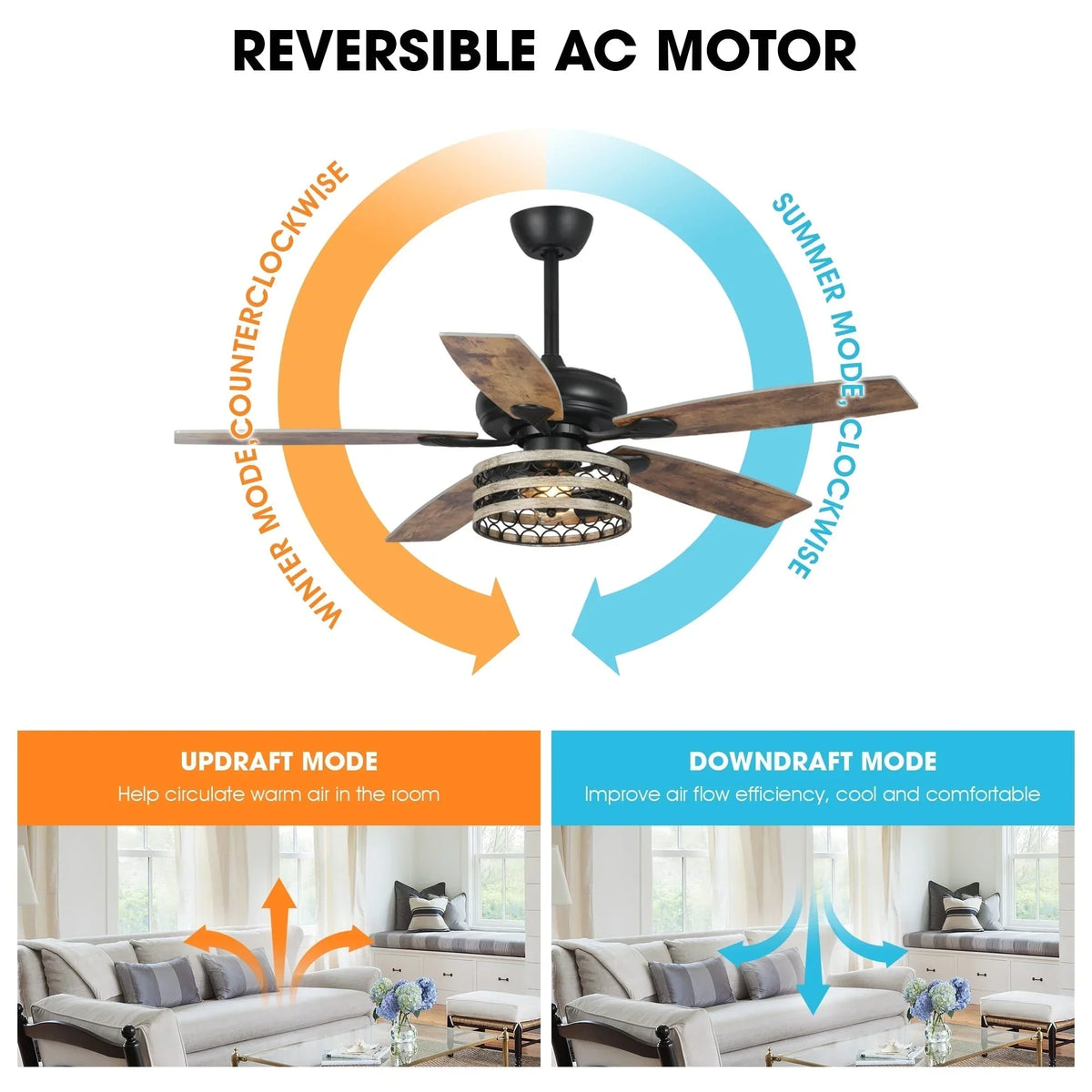 52 Farmhouse Driftwood 5-Blade Black Caged Ceiling Fan with Remote