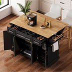54  Large Kitchen Island with Rubber Wood Drop Leaf, Embossed Texture Rolling Kitchen Cart on 4 Wheels with 4 Doors & 3 Drawers