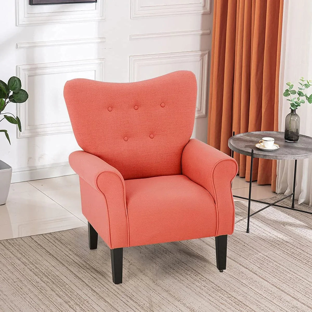 Erommy Modern Accent Chair, High Back Armchair, Upholstered Fabric Button Single Sofa with Wooden Legs for Living Room