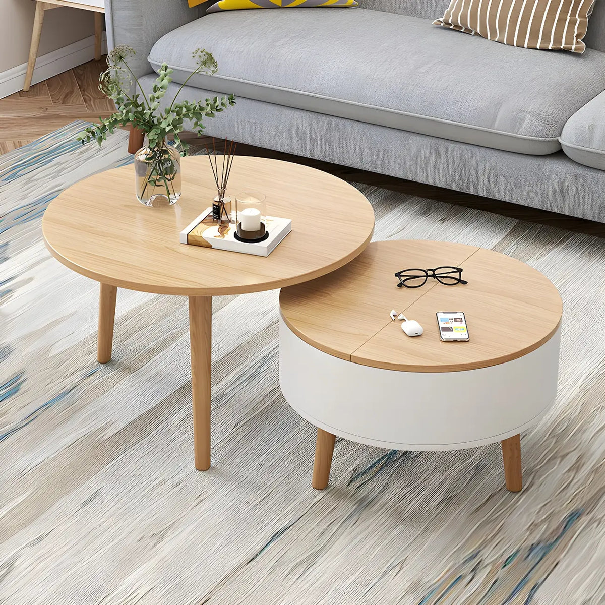 Black White Modern Round Wood Coffee Table with Storage