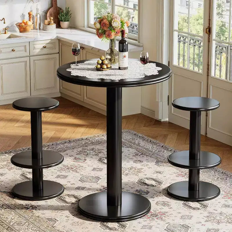 Lantine 39.4-Inch H Round Bar Table Set, Modern Black Bistro Pub Table with 2 Barstools for Kitchen, Living Room, Apartment