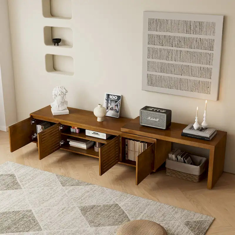 Mid Century Expandable TV Stand with 4 Storage Cabinets and Hollowout Door for Living Room Entertainment Center