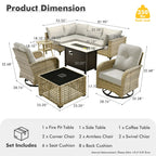 OVIOS 9 Pieces Outdoor Wicker Swivel Chair Set With Fire Table