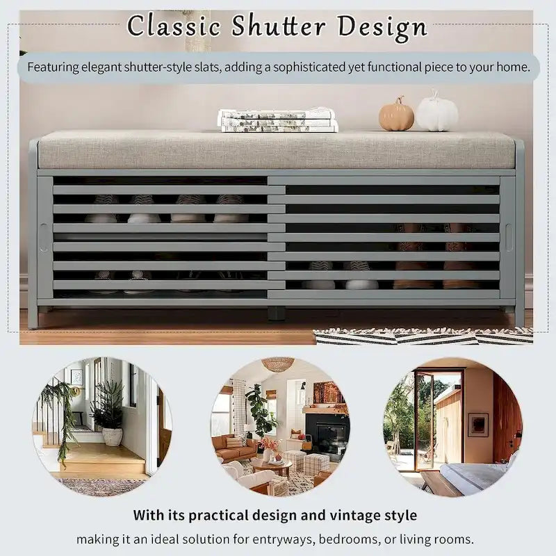 43.30 Solid Wood Storage Bench with Contemporary Distressed Blinds