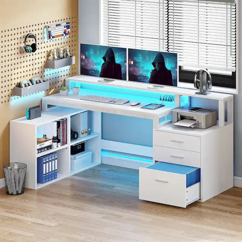 65 L-Shaped Corner Desk with RGB LED, Monitor Stand & Storage Cabinet â€?1-Person | White / Oak / Charcoal Grey / Black