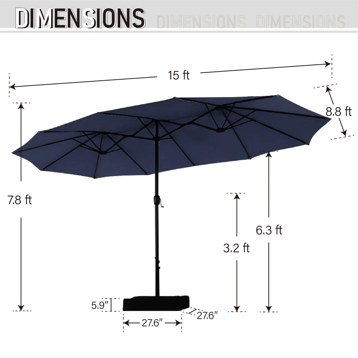 15-foot Rectangular Crank Double-sided Outdoor Market Umbrella Solar LED Lighted Patio Umbrella with Base Included