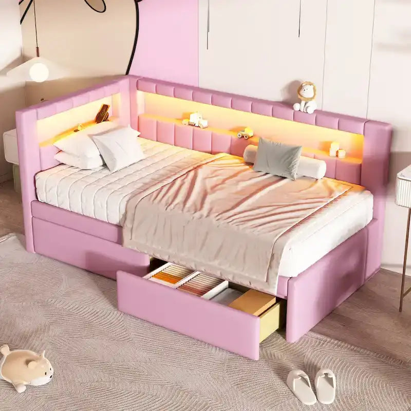 Upholstered Platform Bed with USB Ports & LED Lighting - Full/Twin Size Bed Frame with 2 Storage Drawers - Modern Bedroom