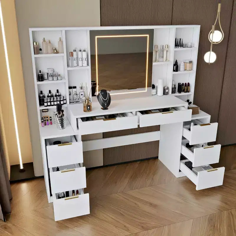 59-Inch Makeup Vanity Desk with Lighted Mirror, 8 Drawers, Open Shelves for Girls Rooms, Dimmable Lighting, Space-Saving Design