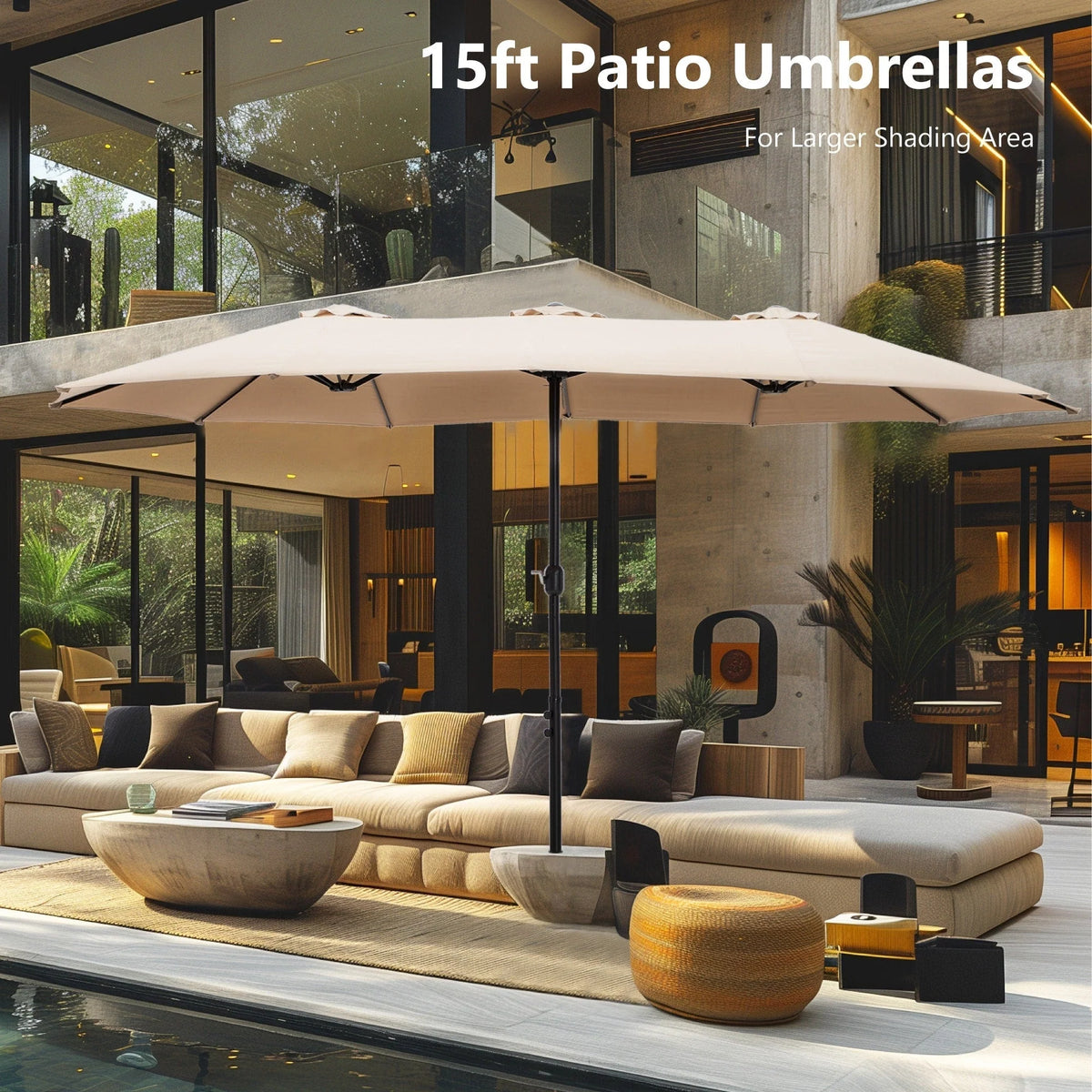15-foot Rectangular Crank Double-sided Outdoor Market Umbrella Solar LED Lighted Patio Umbrella with Base Included