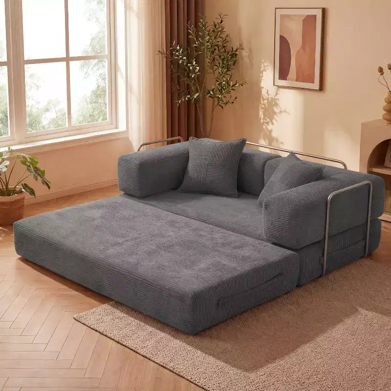 Dyonery 65-in five-in-one folding floor sofa bed, convertible into a double bed sofa bed, with a fixed metal frame, corduroy