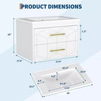 Modern Floating Bathroom Vanity Set with Basin - Wall-Mounted Cabinet with Soft-Close Storage Drawer and Gold Handle, 24 or 30 Size