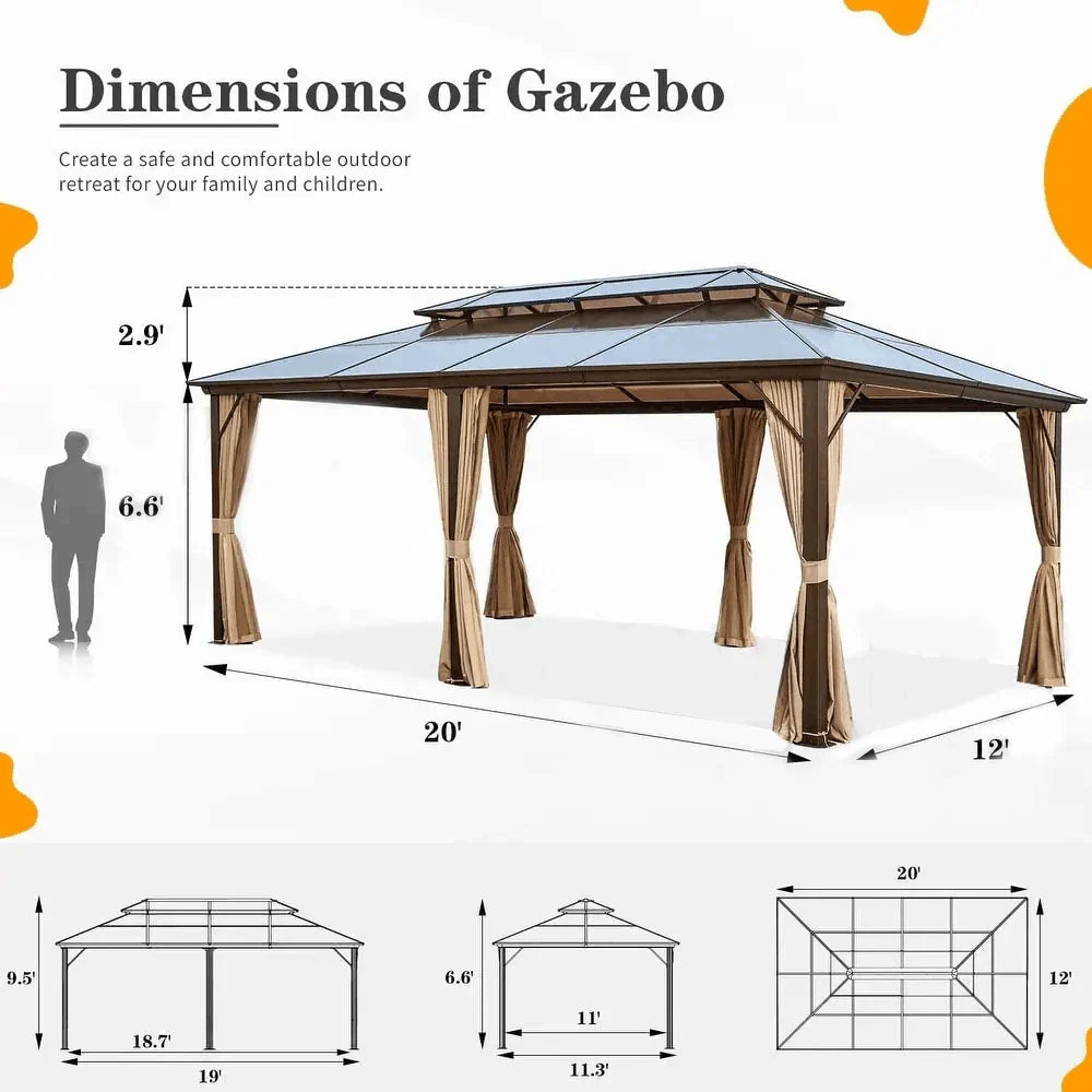 EROMMY Hardtop Gazebo,Outdoor Pergola with Double Roof & Netting & Curtains,Heavy Duty Canopy for Patio, Backyard, Pool party