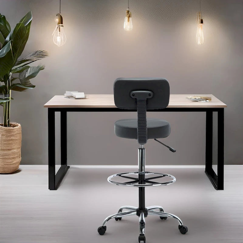 Height Adjustable Drafting Stool - With Premium Leather, Rolling Wheels