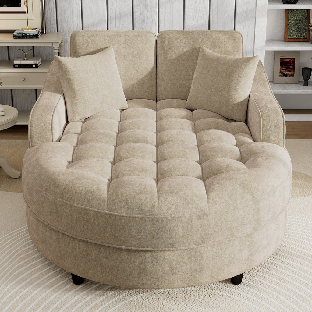 Chenille Chaise Lounge Sofa Bed, Upholstered Sofa Couch with Tufted Backrest and 2 Detachable Pillows for Living Room