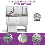 50 W Stainless Steel Adjustable Pet Grooming Tub with Steps Ramp