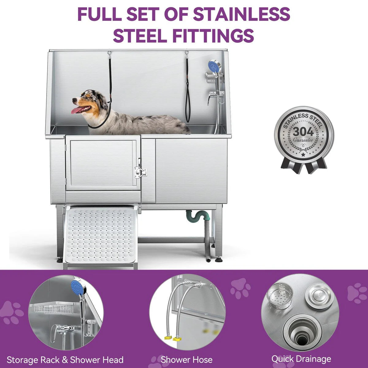 50 W Stainless Steel Adjustable Pet Grooming Tub with Steps Ramp